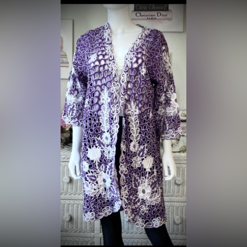 Vintage Embroidered Purple White Floral Eyelet Cover Up Duster Size S